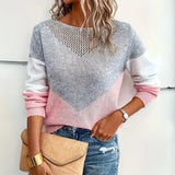 Damenpullover mit V-Form Kontrast und Strickmuster – Rosa
