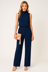 Damen Jumpsuit ärmellos mit Stehkragen und weitem Bein – Marineblau