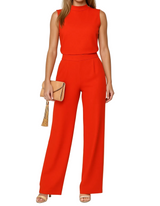 Damen Jumpsuit ärmellos mit Stehkragen und weitem Bein – Rot