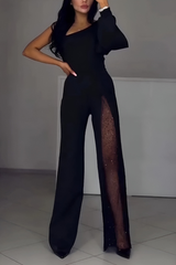 Damen Jumpsuit mit Ein-Schulter-Träger Langarm Weitem Bein und Netzeinsatz – Schwarz