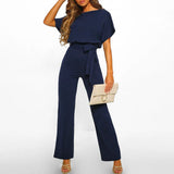 Damen Jumpsuit mit gerafften Ärmeln und Bindegürtel – Blau