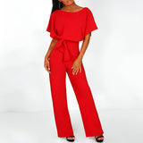 Damen Jumpsuit mit gerafften Ärmeln und Bindegürtel – Rot