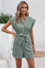 Damen Jumpsuit mit Knopfleiste und Taillenband – Grün