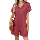 Damen Jumpsuit mit Knopfleiste und Taillenband – Rot