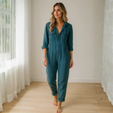 Damen Jumpsuit mit langen Ärmeln, Knopfleiste, Kragen und Brusttaschen – Blau