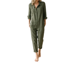 Damen Jumpsuit mit langen Ärmeln, Knopfleiste, Kragen und Brusttaschen – Grün