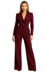 Damen-Jumpsuit mit langen Ärmeln, Reverskragen und weitem Bein – Rot