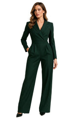 Damen-Jumpsuit mit langen Ärmeln, Reverskragen und weitem Bein – Grün