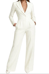 Damen-Jumpsuit mit langen Ärmeln, Reverskragen und weitem Bein – Weiß
