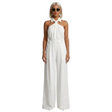 Damen-Jumpsuit mit Neckholder-Kragen, Knotendetail und weitem Bein – Weiß