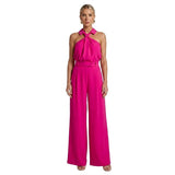 Damen-Jumpsuit mit Neckholder-Kragen, Knotendetail und weitem Bein – Rosa