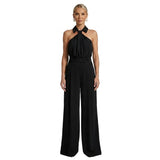 Damen-Jumpsuit mit Neckholder-Kragen, Knotendetail und weitem Bein – Schwarz