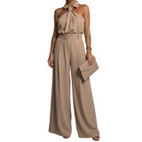 Damen-Jumpsuit mit Neckholder-Kragen, Knotendetail und weitem Bein – Khaki