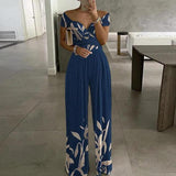 Damen Jumpsuit mit Off-Shoulder-Ausschnitt und Wickeloberteil mit weitem Bein – Blau mit Blätterdruck