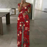 Damen Jumpsuit mit Off-Shoulder-Ausschnitt und Wickeloberteil mit weitem Bein – Rot mit Blumendruck