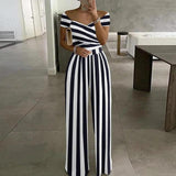 Damen Jumpsuit mit Off-Shoulder-Ausschnitt und Wickeloberteil mit weitem Bein – Weiß-Marine mit Streifen