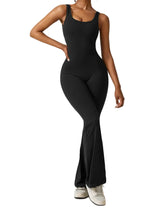 Damen Jumpsuit mit offenem Rücken und ausgestelltem Bein – Schwarz