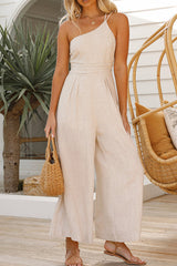 Damen Jumpsuit mit One-Shoulder-Träger und weitem Bein – Beige