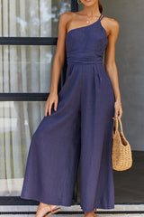 Damen Jumpsuit mit One-Shoulder-Träger und weitem Bein – Blau