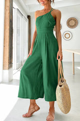 Damen Jumpsuit mit One-Shoulder-Träger und weitem Bein – Grün