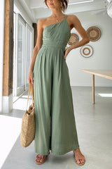 Damen Jumpsuit mit One-Shoulder-Träger und weitem Bein – Hellgrün