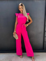 Damen Jumpsuit mit Rüschenärmeln und Bindegürtel – Rosa