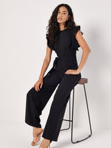 Damen Jumpsuit mit Rüschenärmeln und Bindegürtel – Schwarz