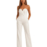 Damen-Jumpsuit mit trägerlosem V-Ausschnitt und weitem Bein – Weiß