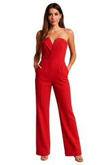 Damen-Jumpsuit mit trägerlosem V-Ausschnitt und weitem Bein – Rot