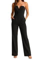 Damen-Jumpsuit mit trägerlosem V-Ausschnitt und weitem Bein – Schwarz
