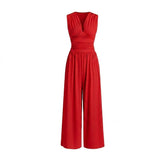 Damen-Jumpsuit mit V-Ausschnitt und weitem Bein – Rot