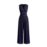 Damen-Jumpsuit mit V-Ausschnitt und weitem Bein – Schwarz
