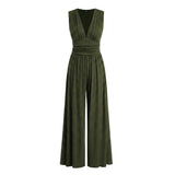 Damen-Jumpsuit mit V-Ausschnitt und weitem Bein – Armeegrün