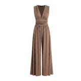Damen-Jumpsuit mit V-Ausschnitt und weitem Bein – Beige