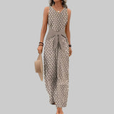 Damen Jumpsuit mit V-Hals Kontrastgürtel Weitem Bein und Geometrischem Muster – Beige