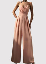 Damen Jumpsuit mit Wickeloberteil Spaghettiträgern Herzausschnitt und Weitem Hosenbein – Aprikose