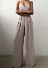 Damen Jumpsuit mit Wickeloberteil Spaghettiträgern Herzausschnitt und Weitem Hosenbein – Beige
