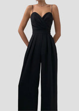 Damen Jumpsuit mit Wickeloberteil Spaghettiträgern Herzausschnitt und Weitem Hosenbein – Schwarz