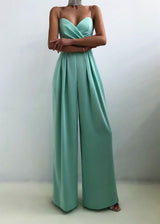 Damen Jumpsuit mit Wickeloberteil Spaghettiträgern Herzausschnitt und Weitem Hosenbein – Türkis