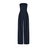 Damen-Jumpsuit trägerlos mit weitem Bein und Faltenlegung – Marineblau