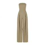 Damen-Jumpsuit trägerlos mit weitem Bein und Faltenlegung – Beige