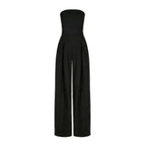 Damen-Jumpsuit trägerlos mit weitem Bein und Faltenlegung – Schwarz
