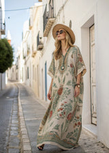 Damen Kaftan-Maxikleid mit V-Ausschnitt weiten Ärmeln Blumenmuster und Zierborte – Beige