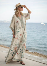 Damen Kaftan-Maxikleid mit V-Ausschnitt weiten Ärmeln Blumenmuster und Zierborte – Cremefarben