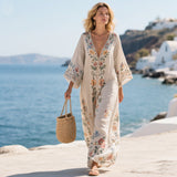 Damen Kaftan-Maxikleid mit V-Ausschnitt weiten Ärmeln Blumenmuster und Zierborte – Hellbeige