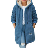 Damen lange Fleecejacke mit Kapuze und Reißverschluss – Blau
