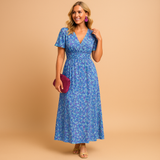 Damen Kleid mit kurzen Ärmeln, V-Ausschnitt und Blumenmuster mit Smokdetail – Blau