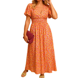Damen Kleid mit kurzen Ärmeln, V-Ausschnitt und Blumenmuster mit Smokdetail – Orange