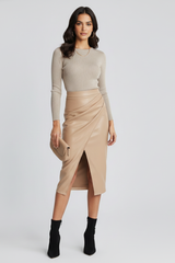 Damen knielanger Rock mit hohem Bund und Schlitz vorne – Beige