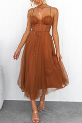 Damen Korsett-Midikleid mit Herzausschnitt und Tüllrock – Rostbraun